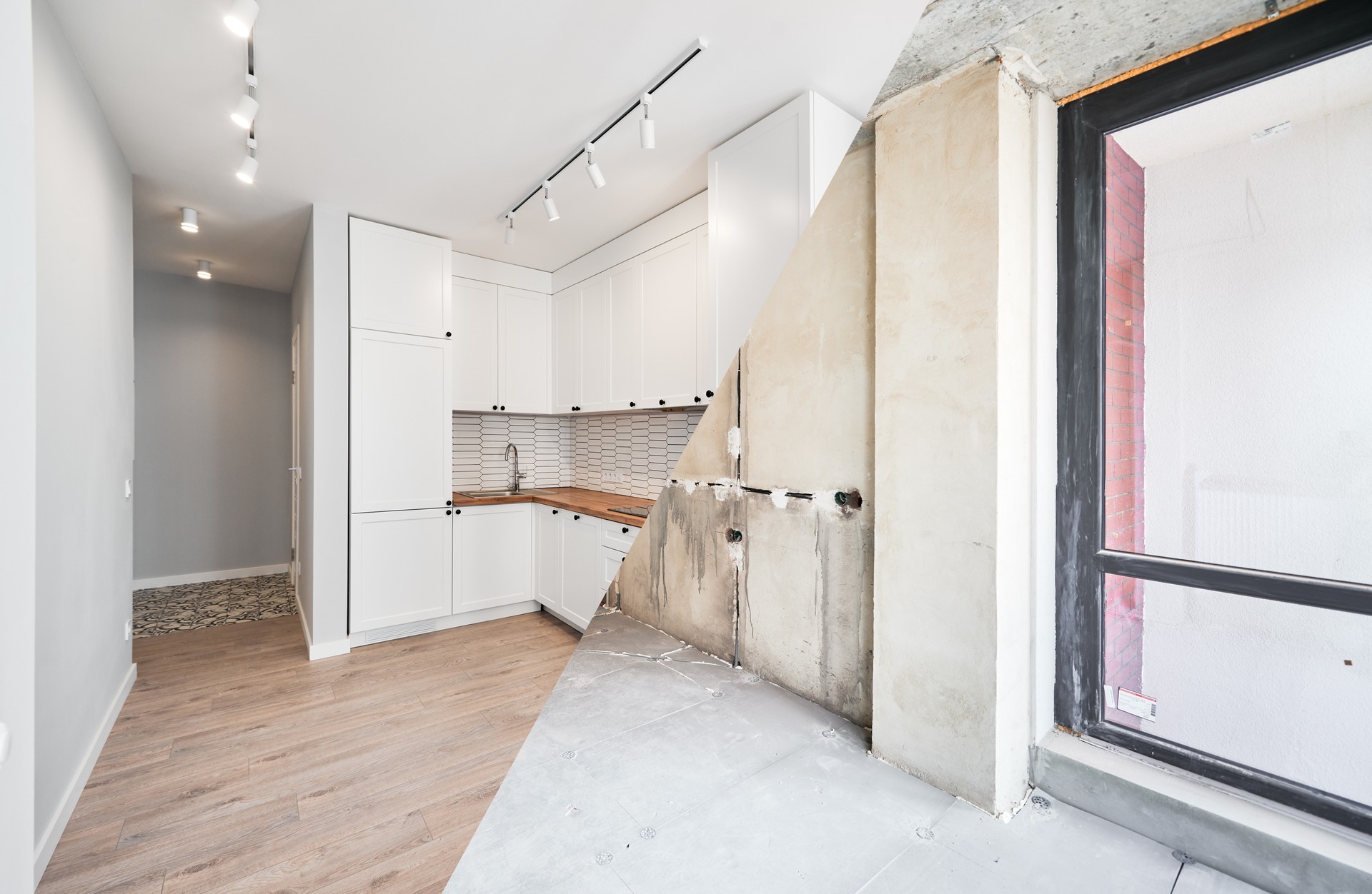 Comparison of kitchen room before and after renovation.